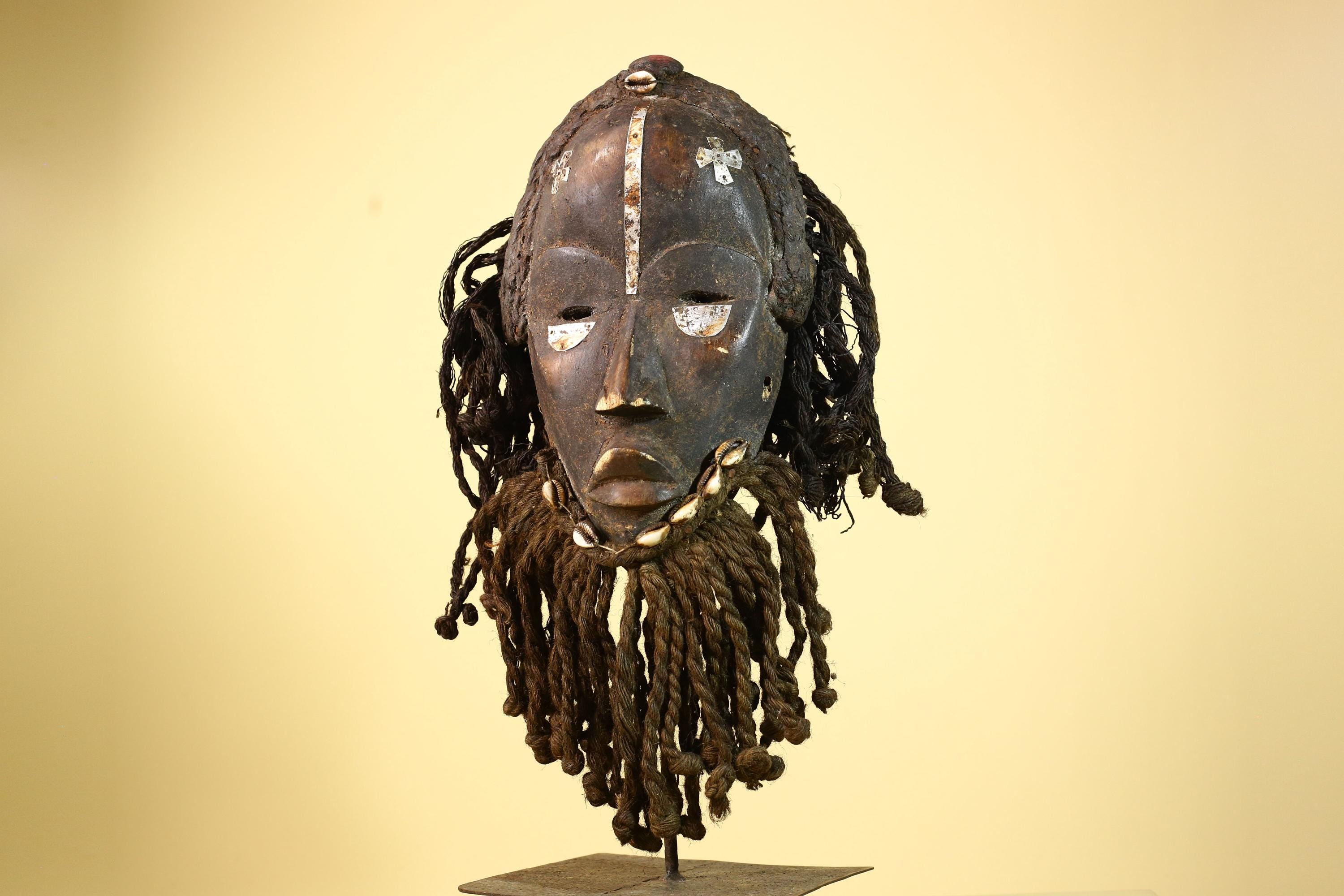 Antique Dan African Mask with Fiber Beard & Cowrie Details Tribal Wood Mask-G6011