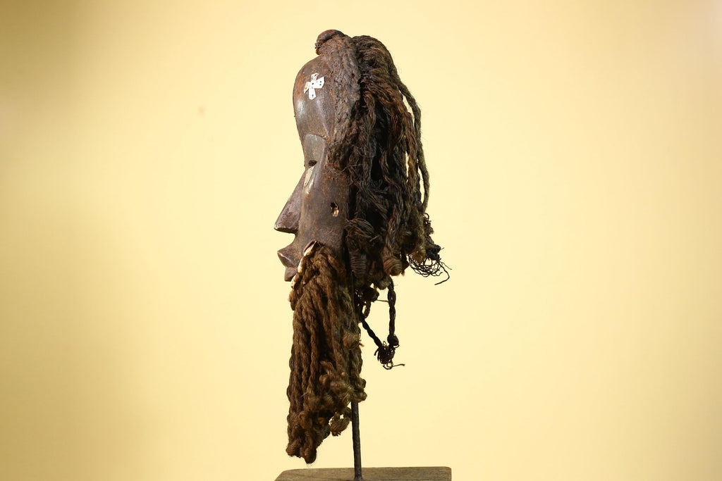 Antique Dan African Mask with Fiber Beard & Cowrie Details Tribal Wood Mask-G6011