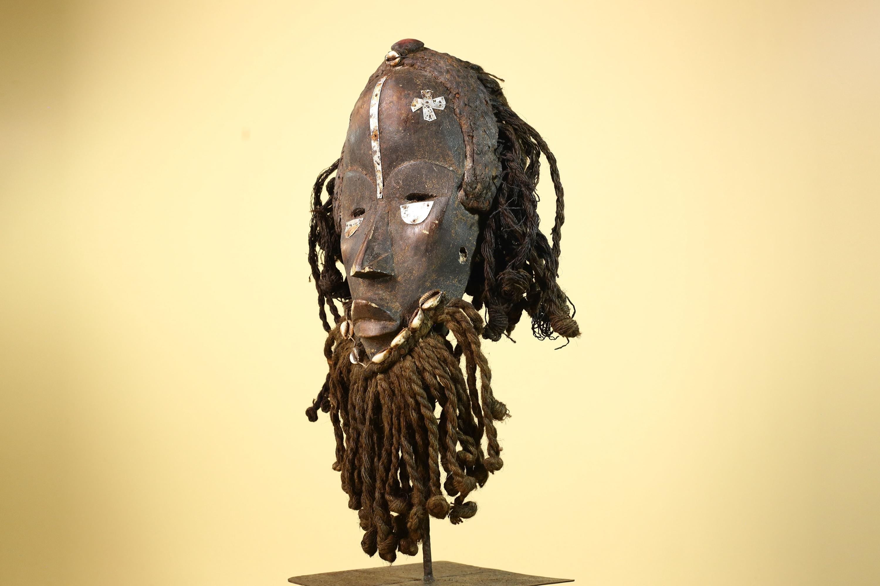 Antique Dan African Mask with Fiber Beard & Cowrie Details Tribal Wood Mask-G6011