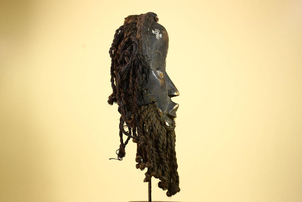 Antique Dan African Mask with Fiber Beard & Cowrie Details Tribal Wood Mask-G6011