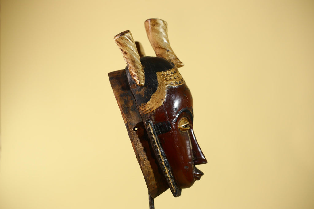 Vintage African Mask Baule Tribal Art with Triple Horn Crest Hand Carved Wood-G6121