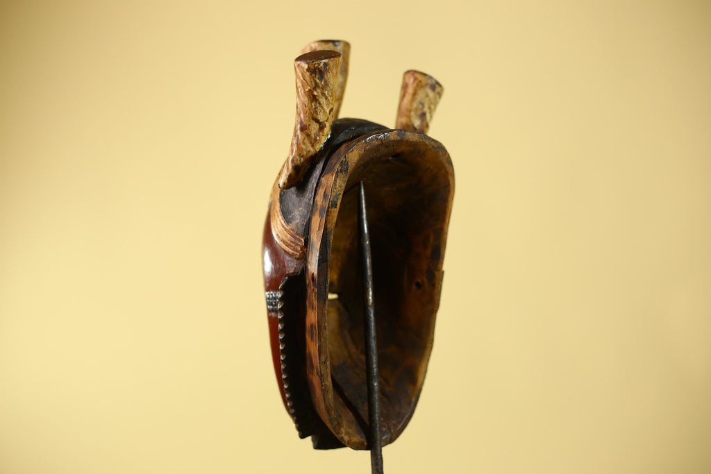 Vintage African Mask Baule Tribal Art with Triple Horn Crest Hand Carved Wood-G6121