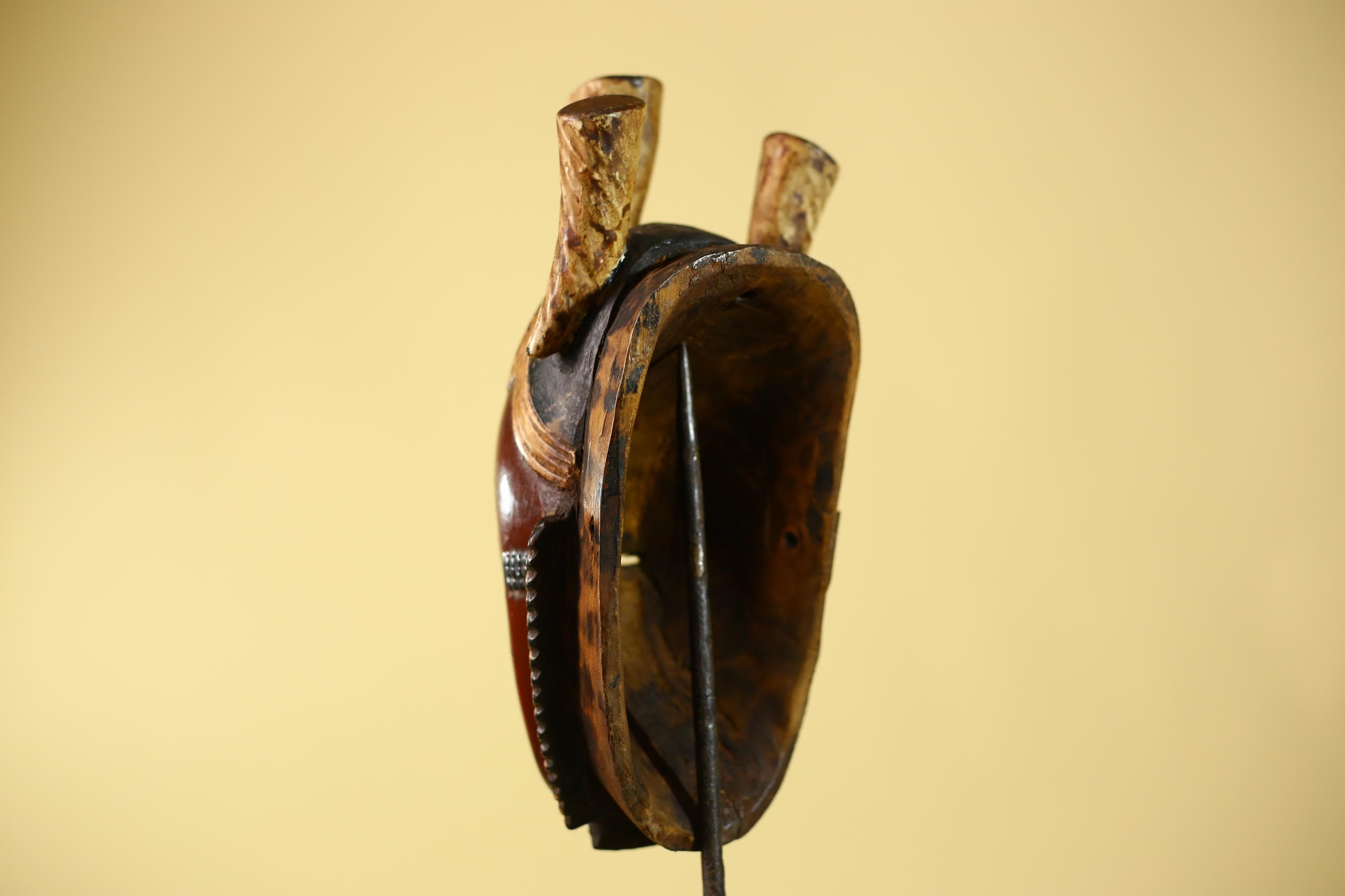 Vintage African Mask Baule Tribal Art with Triple Horn Crest Hand Carved Wood-G6121