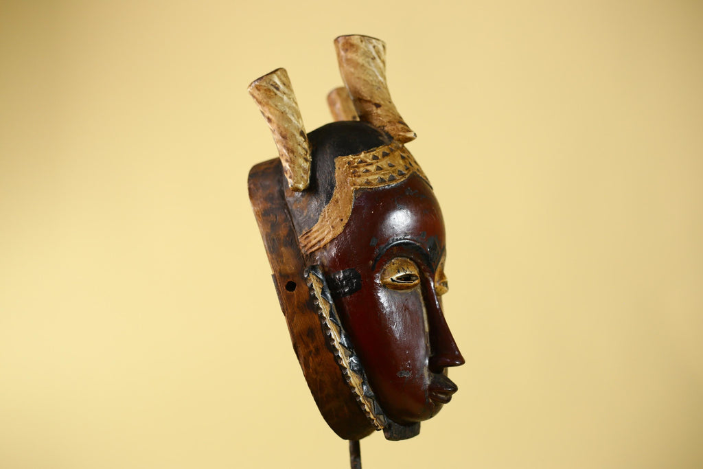 Vintage African Mask Baule Tribal Art with Triple Horn Crest Hand Carved Wood-G6121