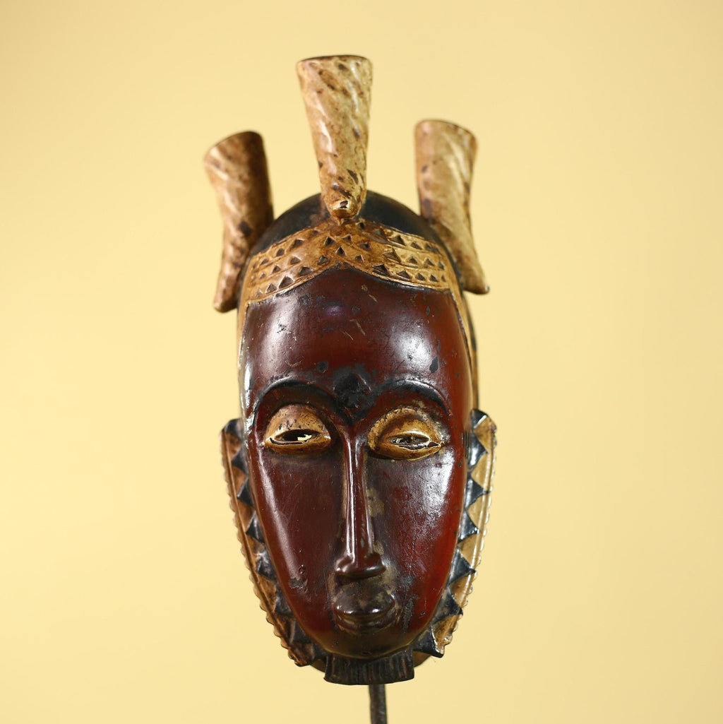 Vintage African Mask Baule Tribal Art with Triple Horn Crest Hand Carved Wood-G6121