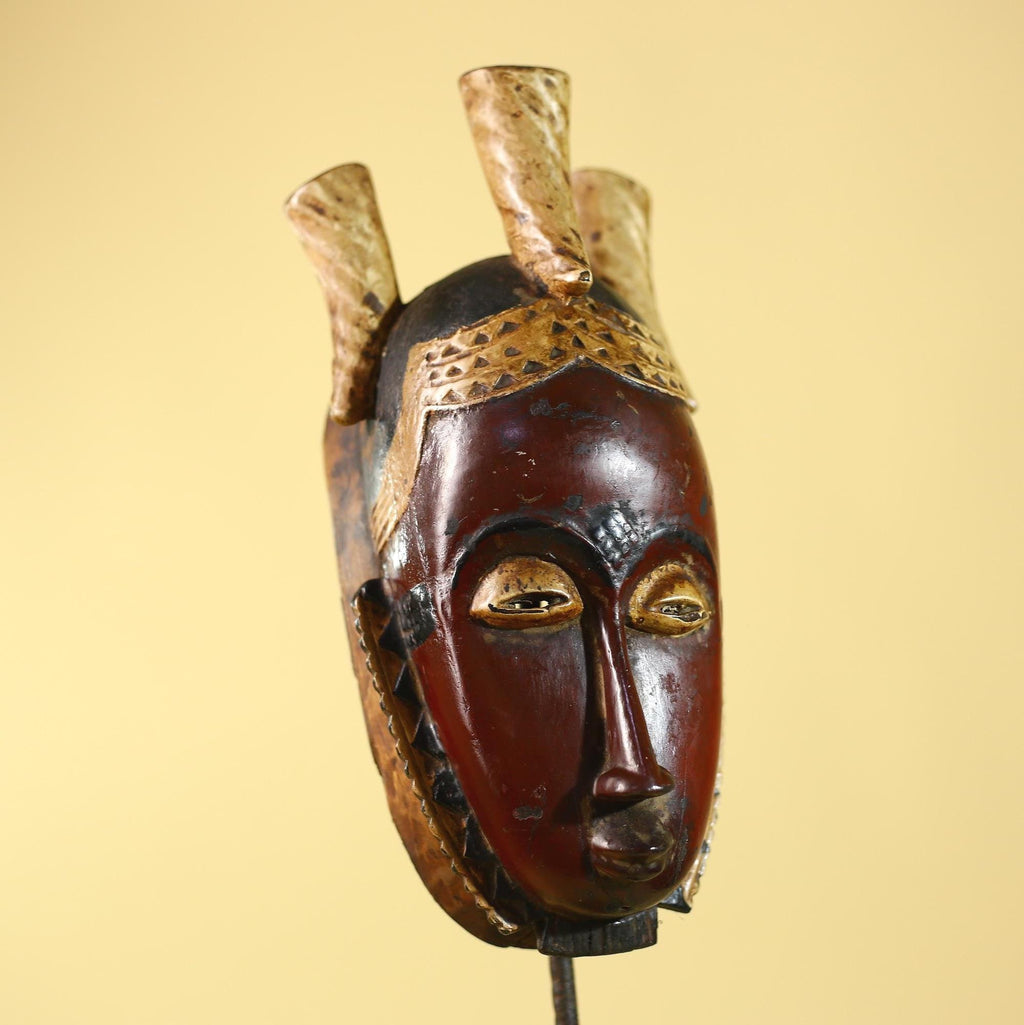 Vintage African Mask Baule Tribal Art with Triple Horn Crest Hand Carved Wood-G6121