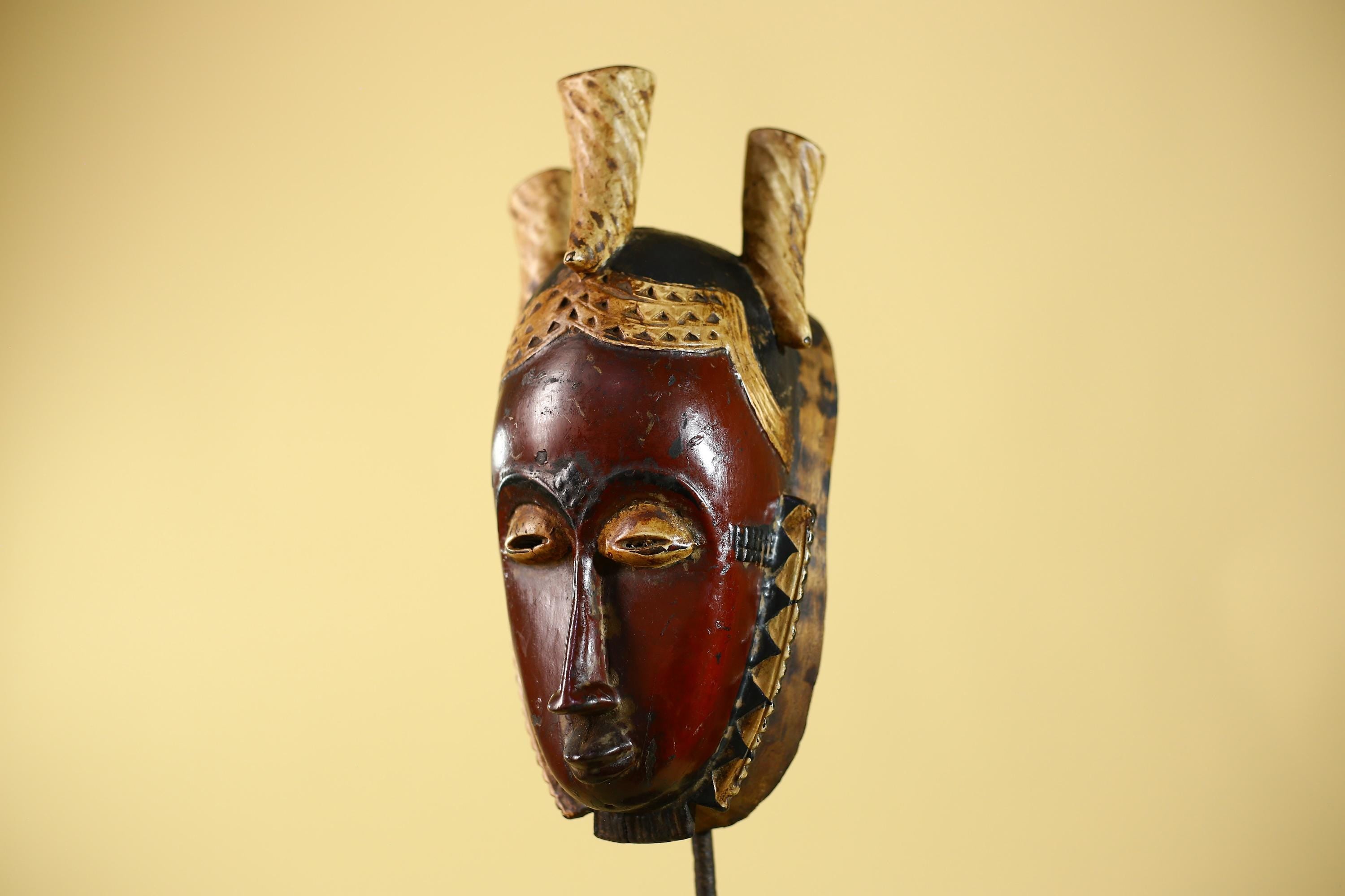 Vintage African Mask Baule Tribal Art with Triple Horn Crest Hand Carved Wood-G6121