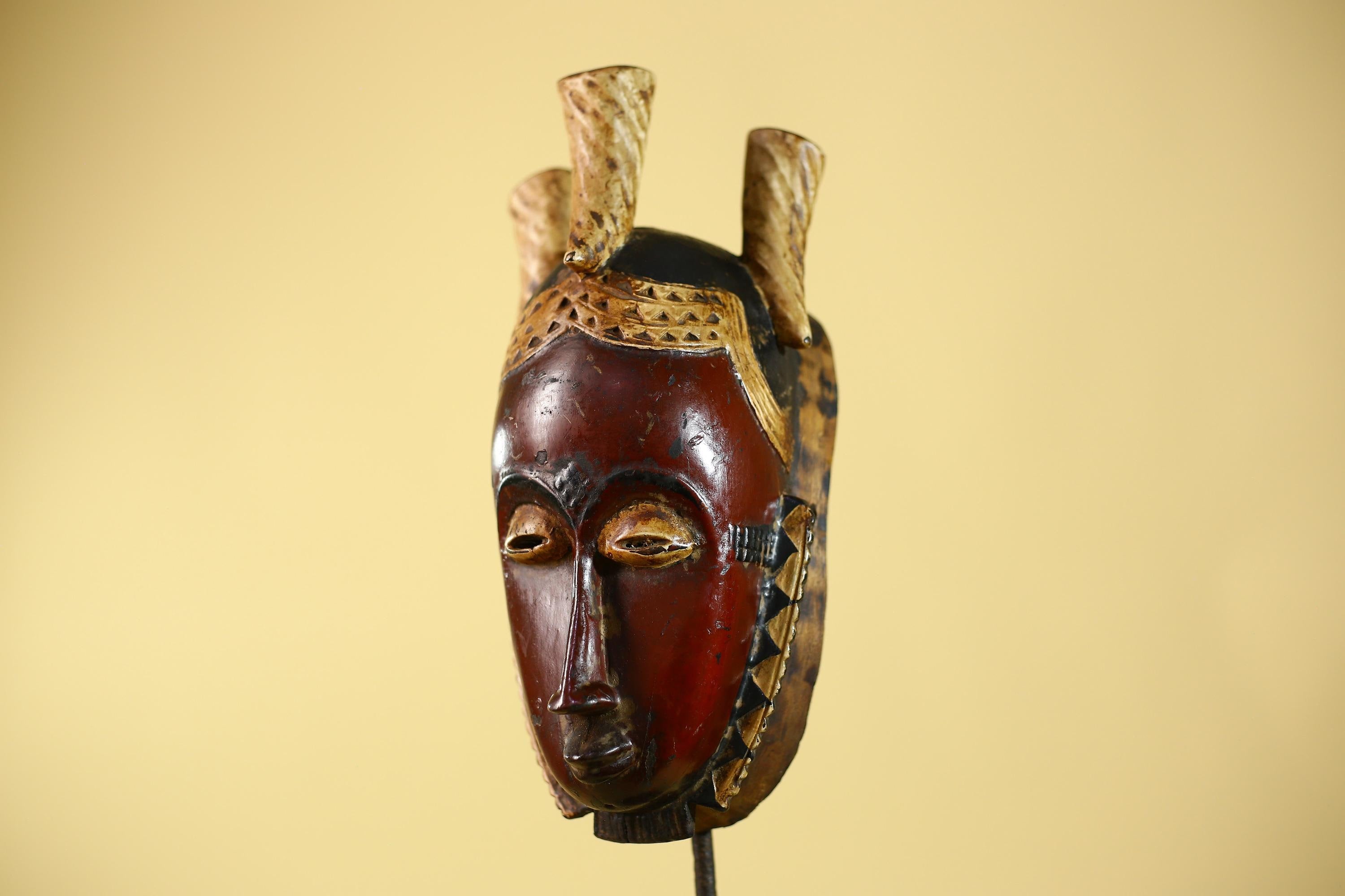 Vintage African Mask Baule Tribal Art with Triple Horn Crest Hand Carved Wood-G6121