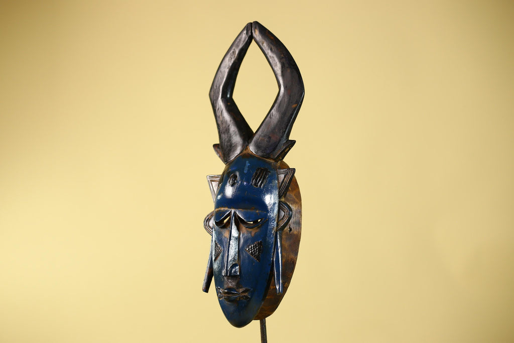 Vintage African Mask Baule Style Tribal Art with Tall Horn Crest Hand Carved-G6122