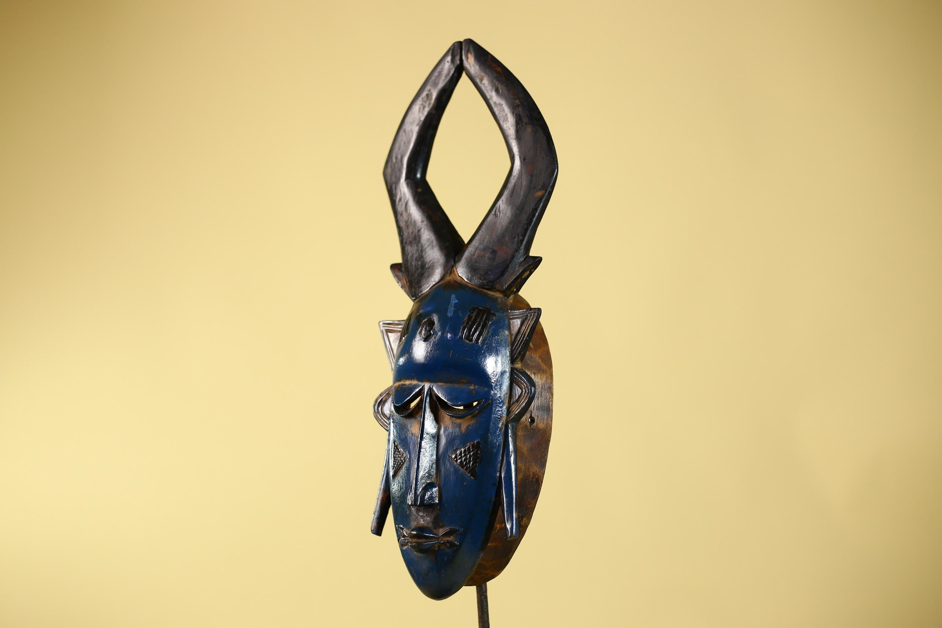 Vintage African Mask Baule Style Tribal Art with Tall Horn Crest Hand Carved-G6122