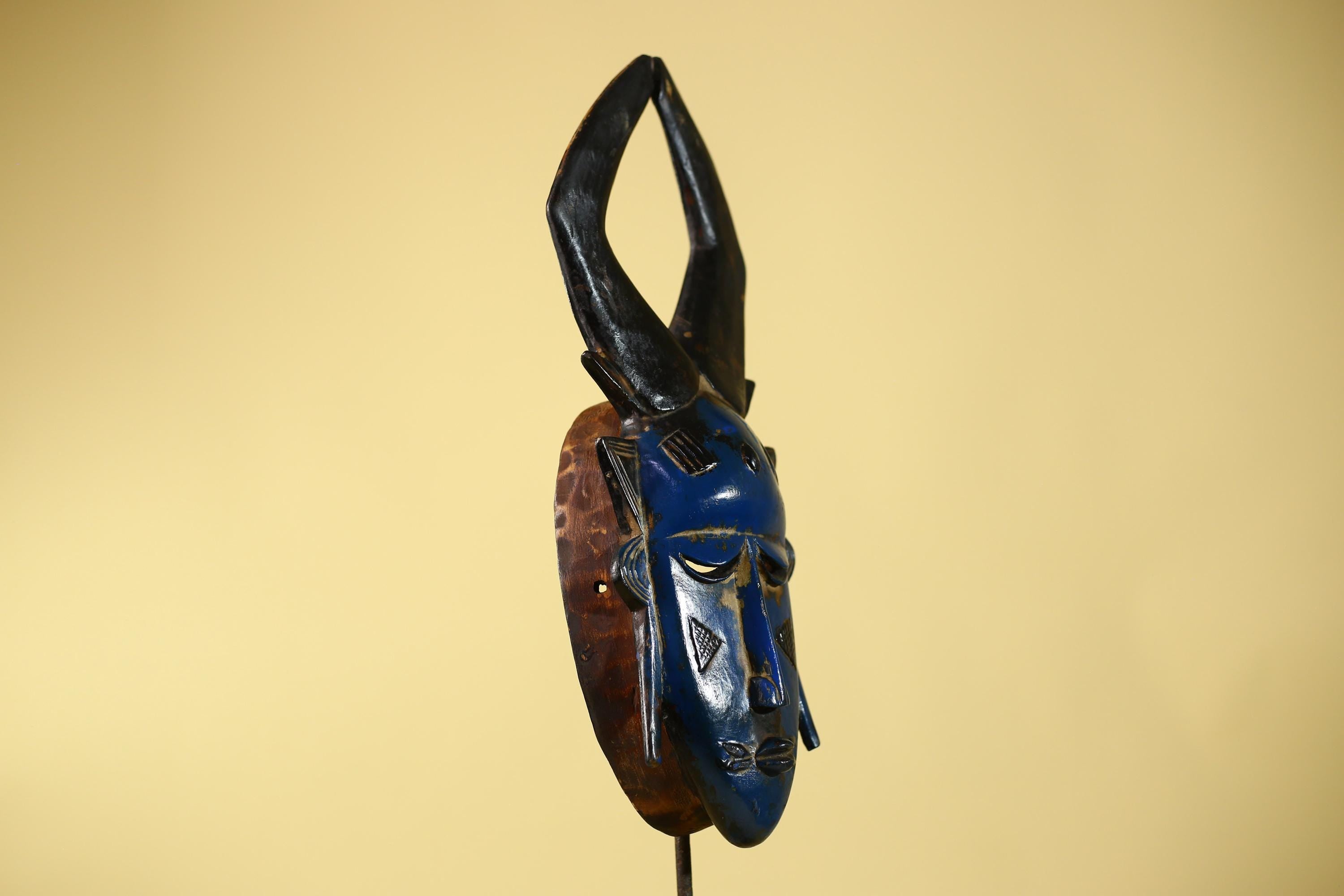 Vintage African Mask Baule Style Tribal Art with Tall Horn Crest Hand Carved-G6122