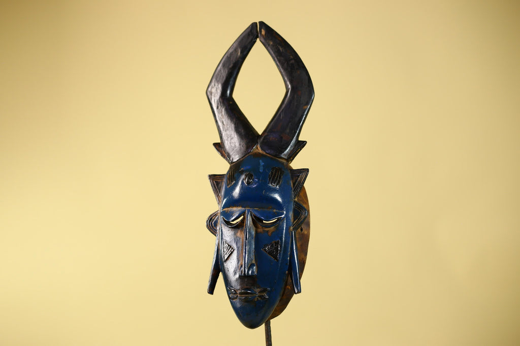 Vintage African Mask Baule Style Tribal Art with Tall Horn Crest Hand Carved-G6122