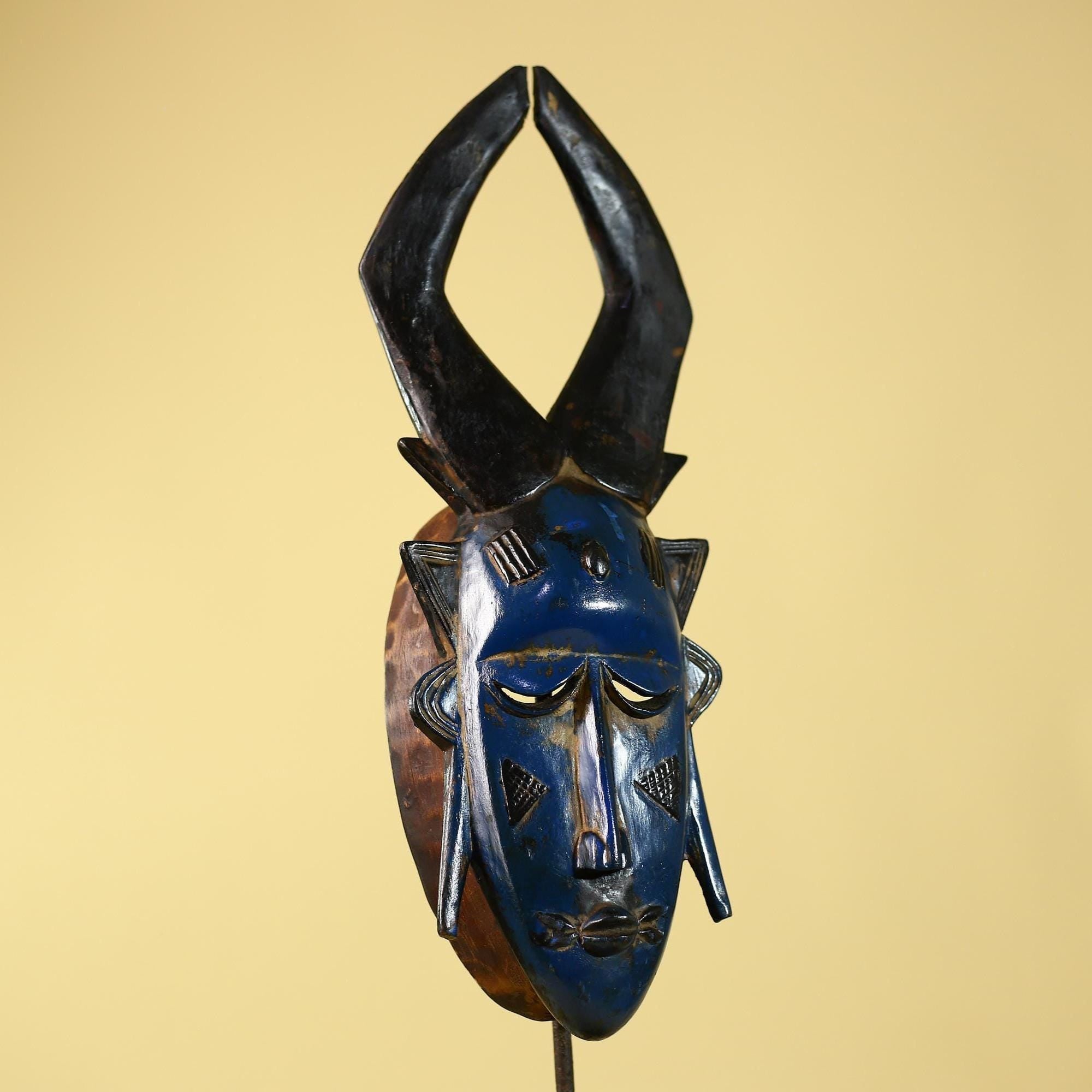 Vintage African Mask Baule Style Tribal Art with Tall Horn Crest Hand Carved-G6122