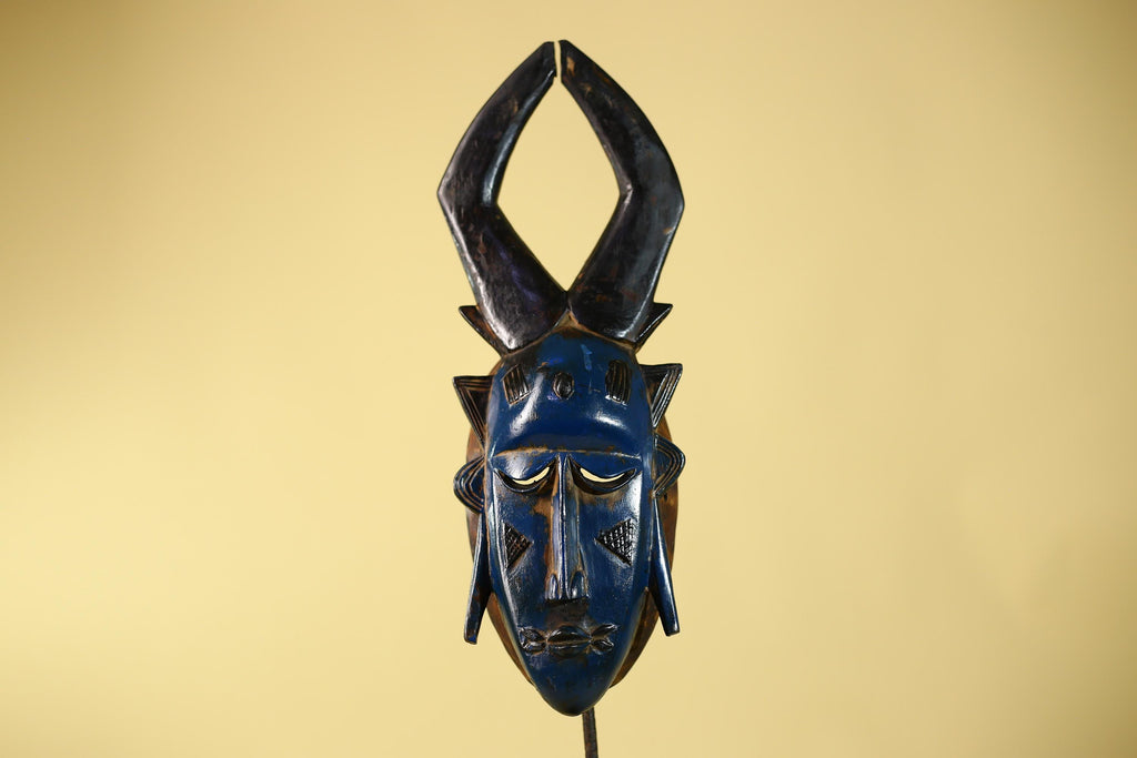 Vintage African Mask Baule Style Tribal Art with Tall Horn Crest Hand Carved-G6122