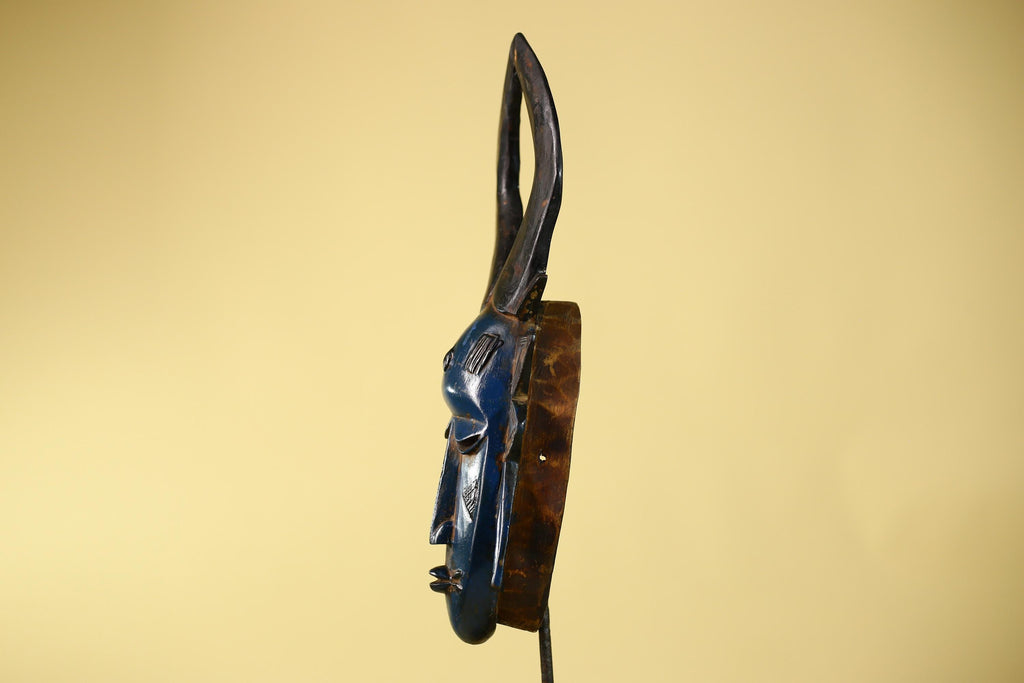 Vintage African Mask Baule Style Tribal Art with Tall Horn Crest Hand Carved-G6122