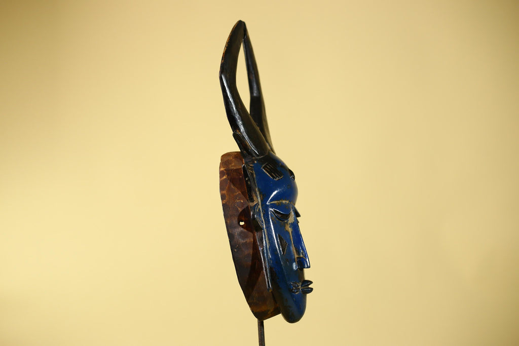 Vintage African Mask Baule Style Tribal Art with Tall Horn Crest Hand Carved-G6122