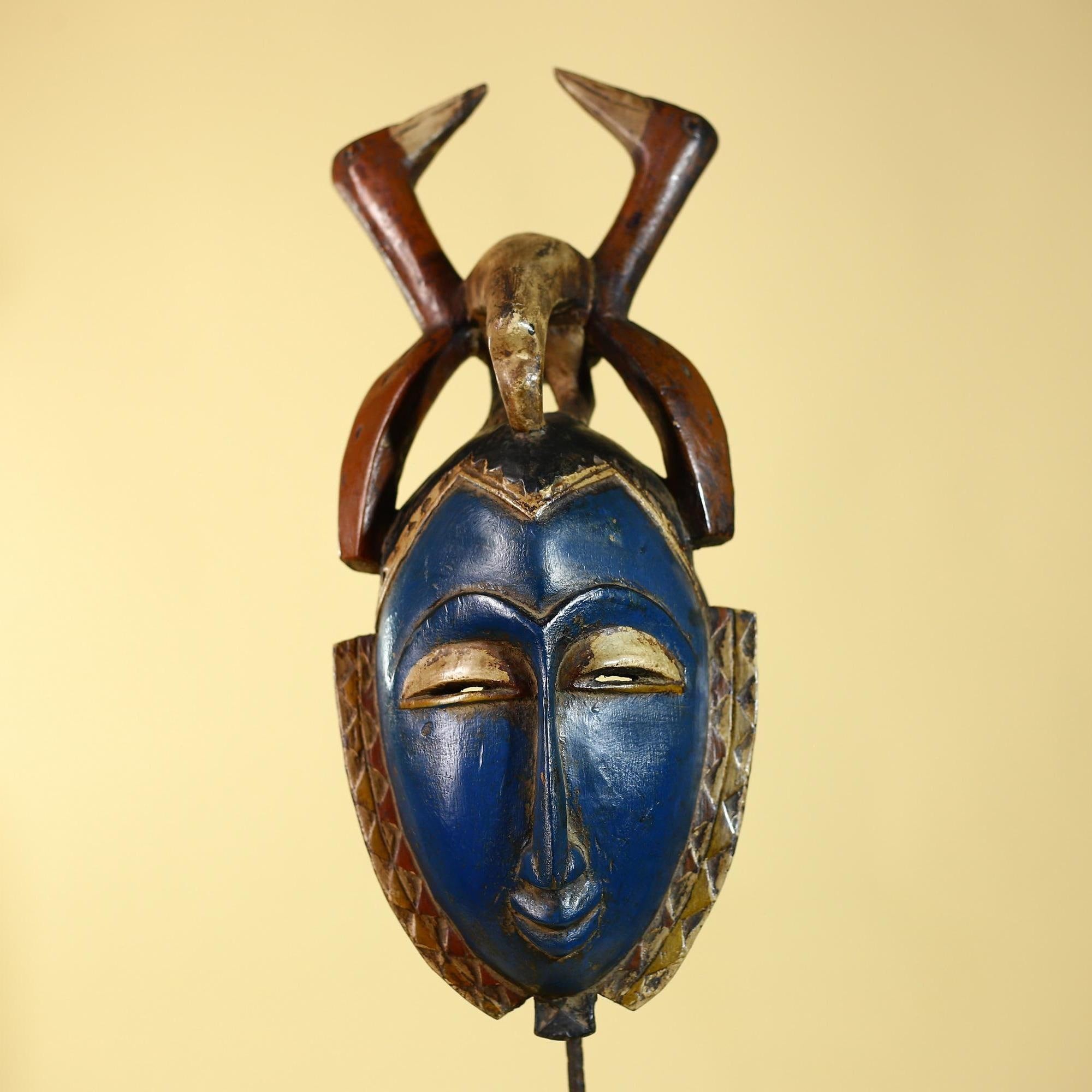 Vintage African Guro Horned Mask Hand Carved Wooden Tribal Wall Art Decor-G6126