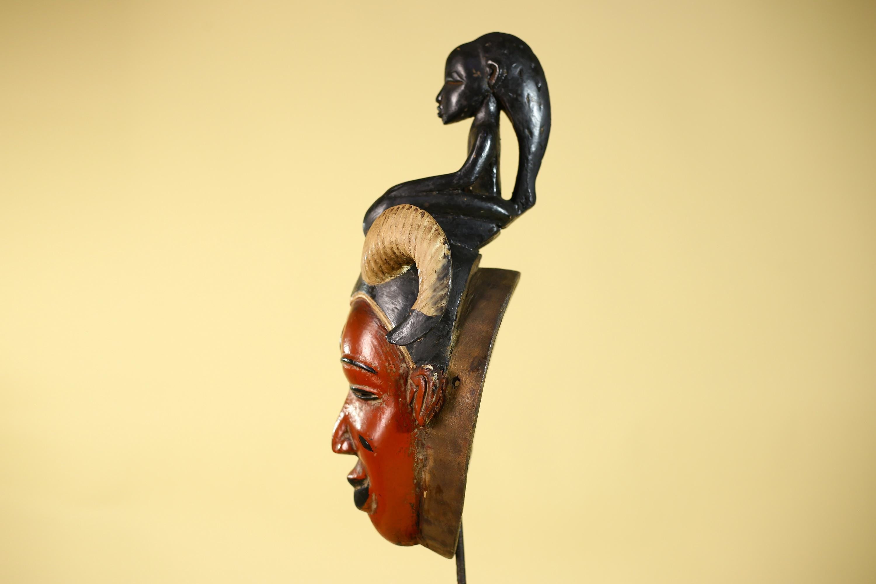 Vintage African Guro Horned Mask with Figure Hand Carved Wooden Tribal Wall Art-G6127