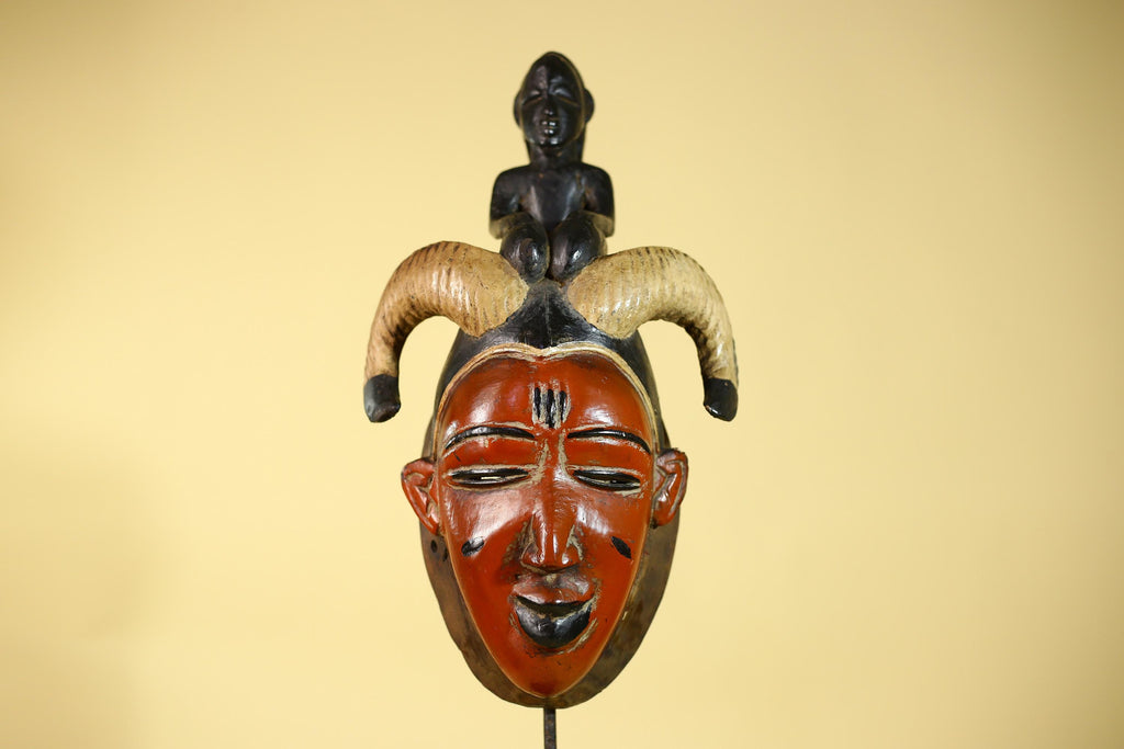 Vintage African Guro Horned Mask with Figure Hand Carved Wooden Tribal Wall Art-G6127