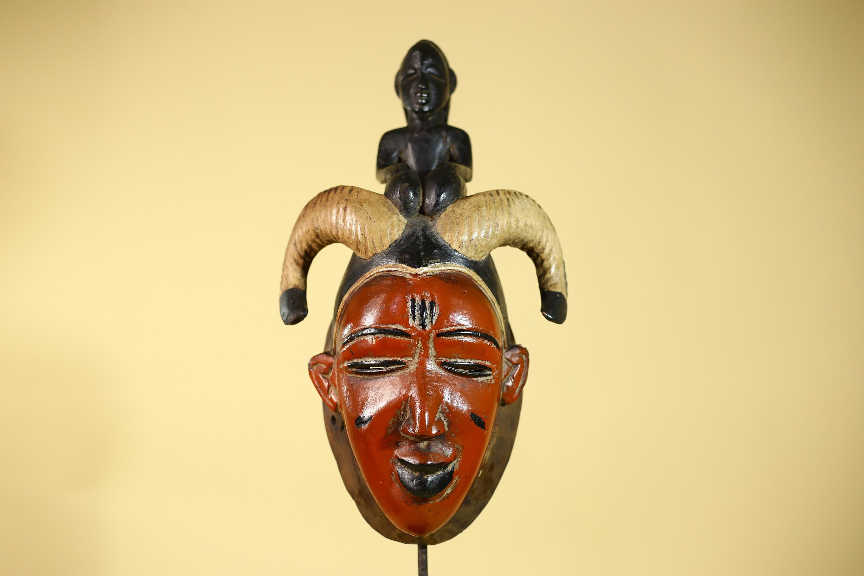 Vintage African Guro Horned Mask with Figure Hand Carved Wooden Tribal Wall Art-G6127