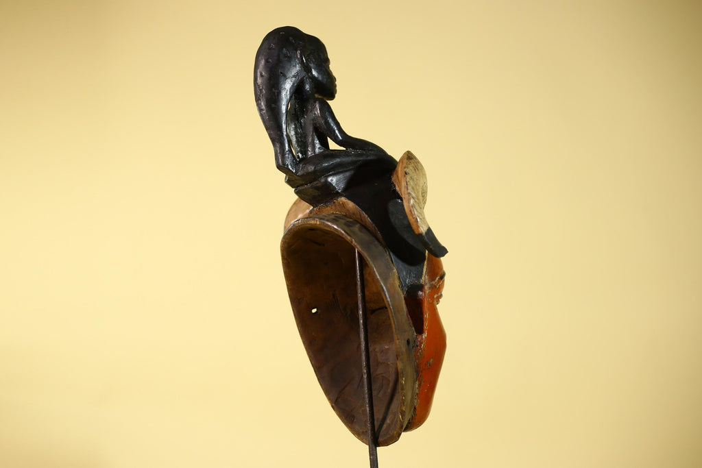 Vintage African Guro Horned Mask with Figure Hand Carved Wooden Tribal Wall Art-G6127