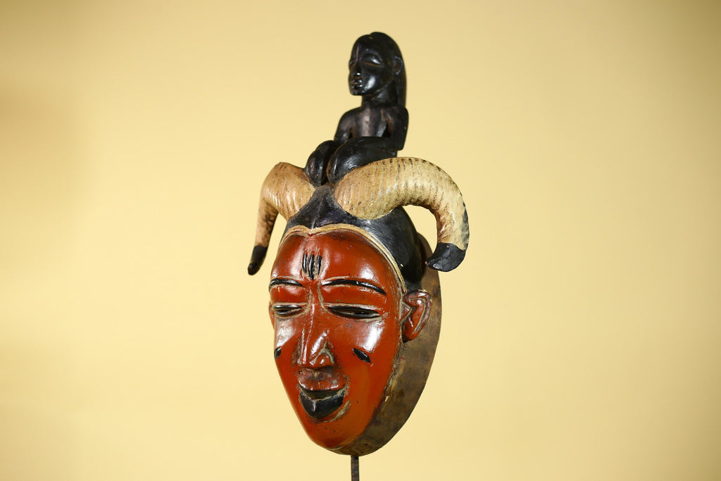 Vintage African Guro Horned Mask with Figure Hand Carved Wooden Tribal Wall Art-G6127