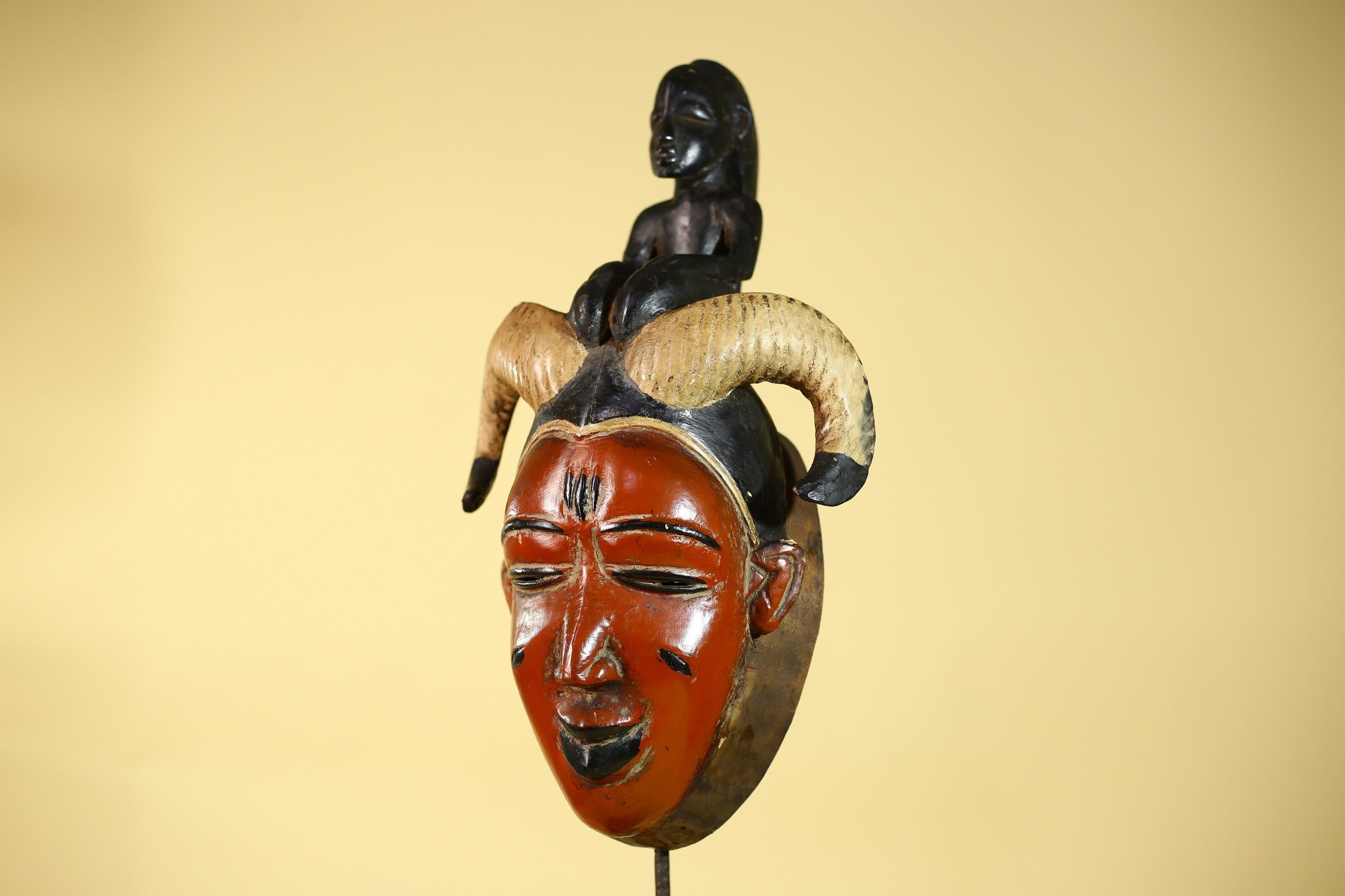 Vintage African Guro Horned Mask with Figure Hand Carved Wooden Tribal Wall Art-G6127
