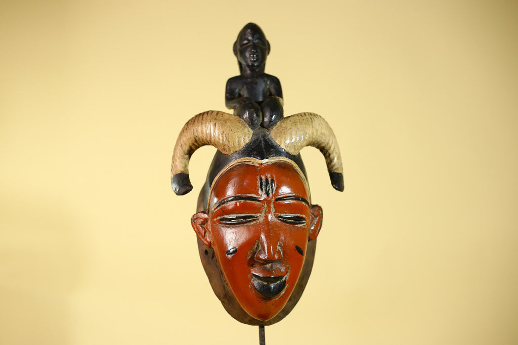 Vintage African Guro Horned Mask with Figure Hand Carved Wooden Tribal Wall Art-G6127