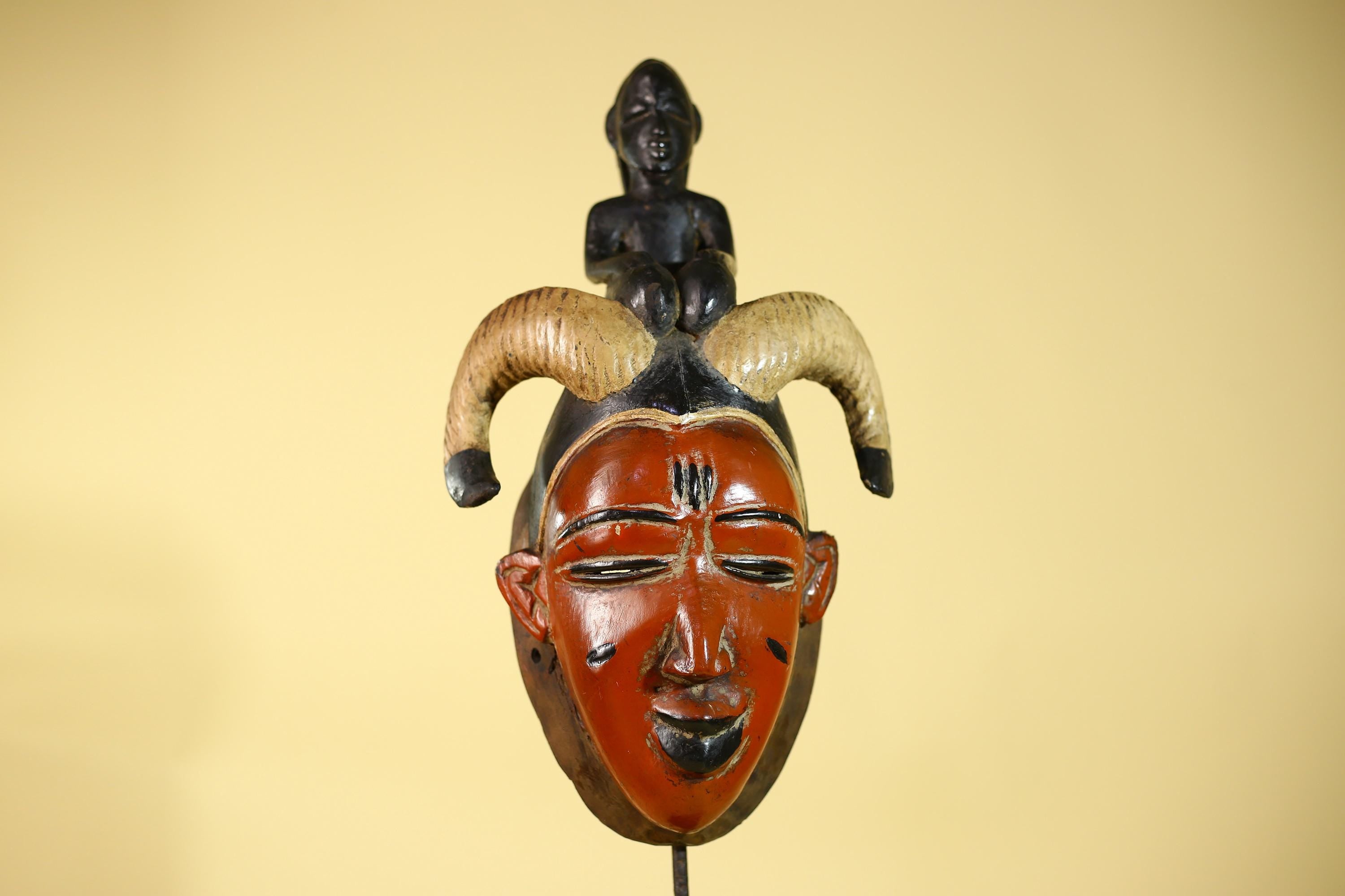 Vintage African Guro Horned Mask with Figure Hand Carved Wooden Tribal Wall Art-G6127