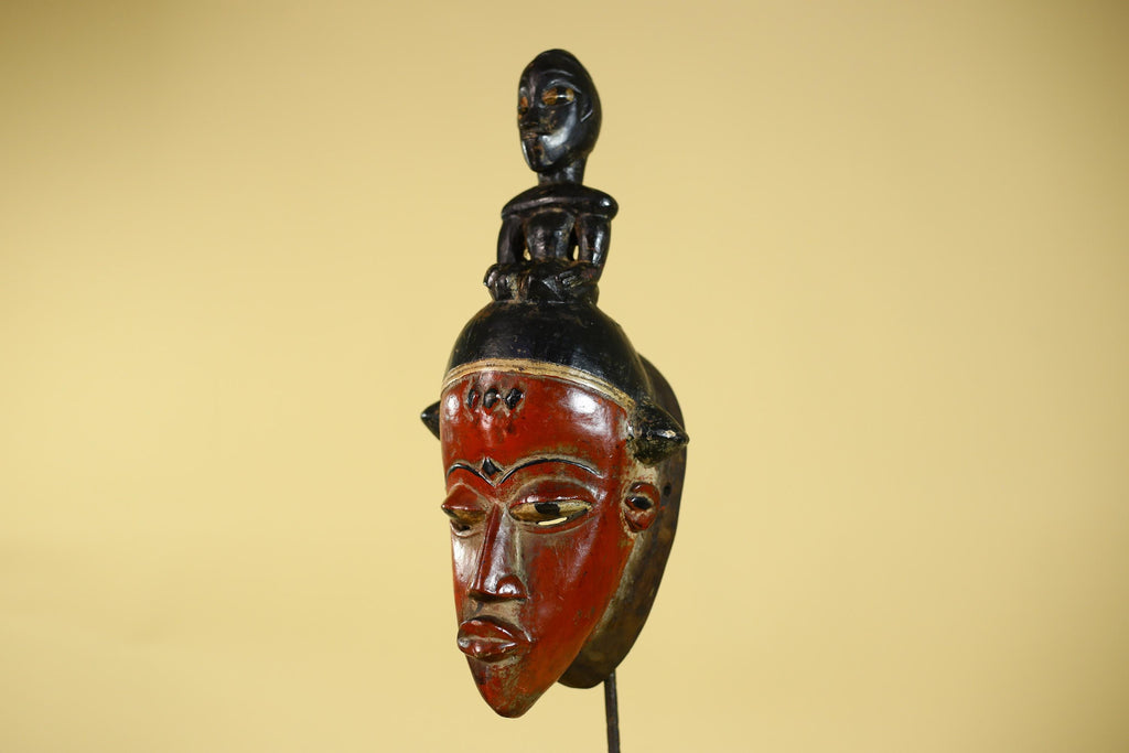 African Guro Mask With Figure Headdress – Hand Carved Tribal Wall Art-G6128
