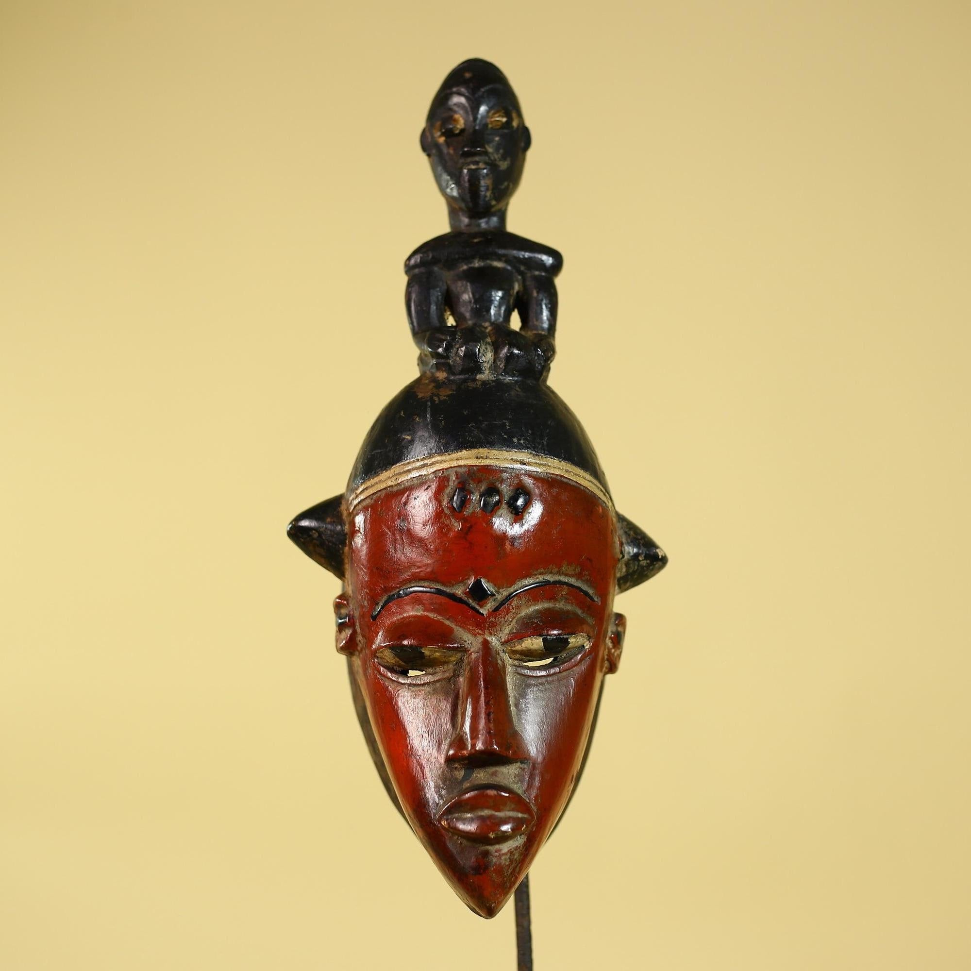African Guro Mask With Figure Headdress – Hand Carved Tribal Wall Art-G6128