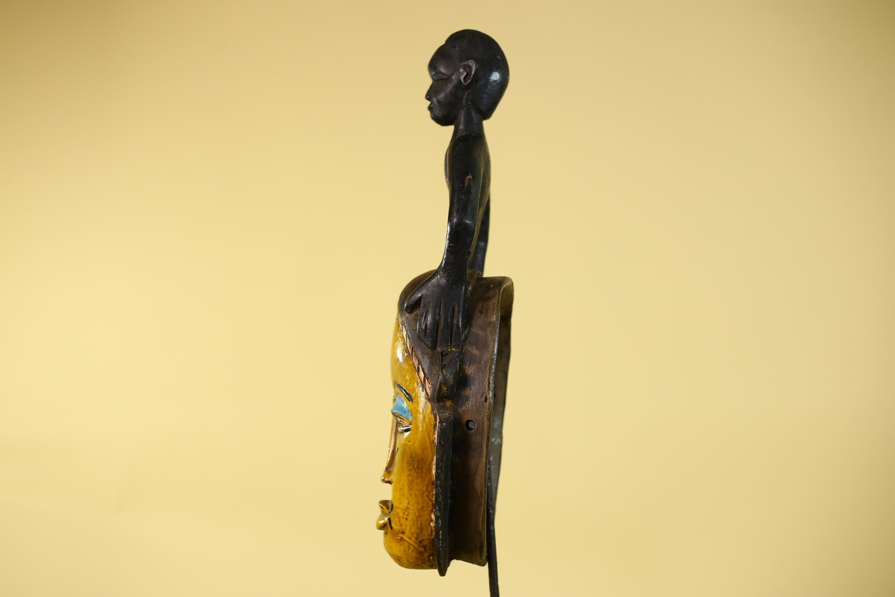 Handmade African Guro Mask with Standing Figure Hand Carved Wooden Tribal Art-G6129