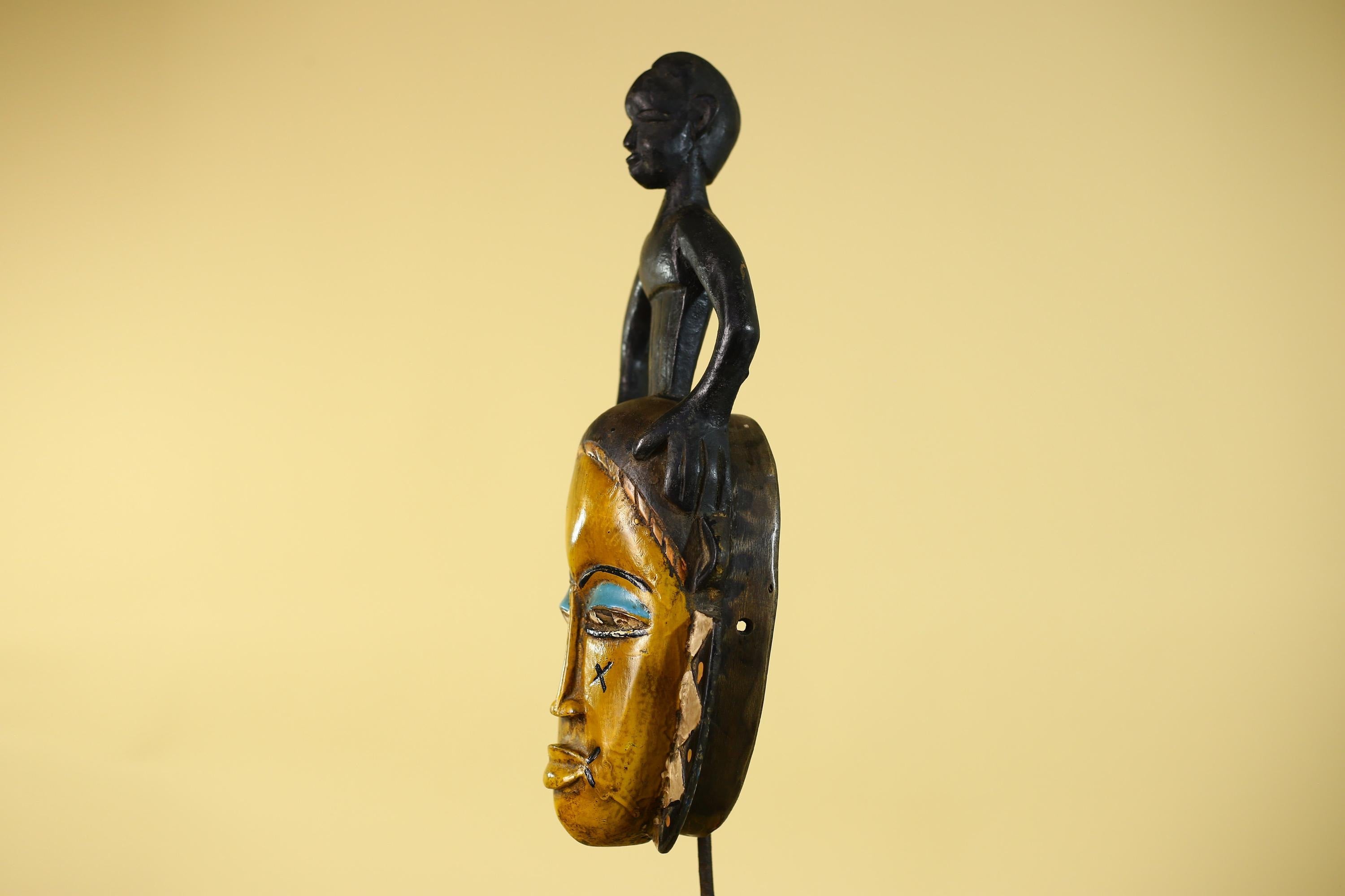Handmade African Guro Mask with Standing Figure Hand Carved Wooden Tribal Art-G6129