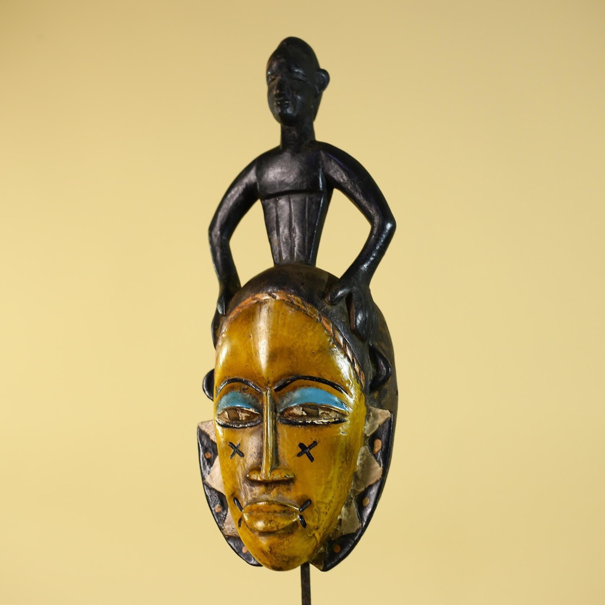 Handmade African Guro Mask with Standing Figure Hand Carved Wooden Tribal Art-G6129
