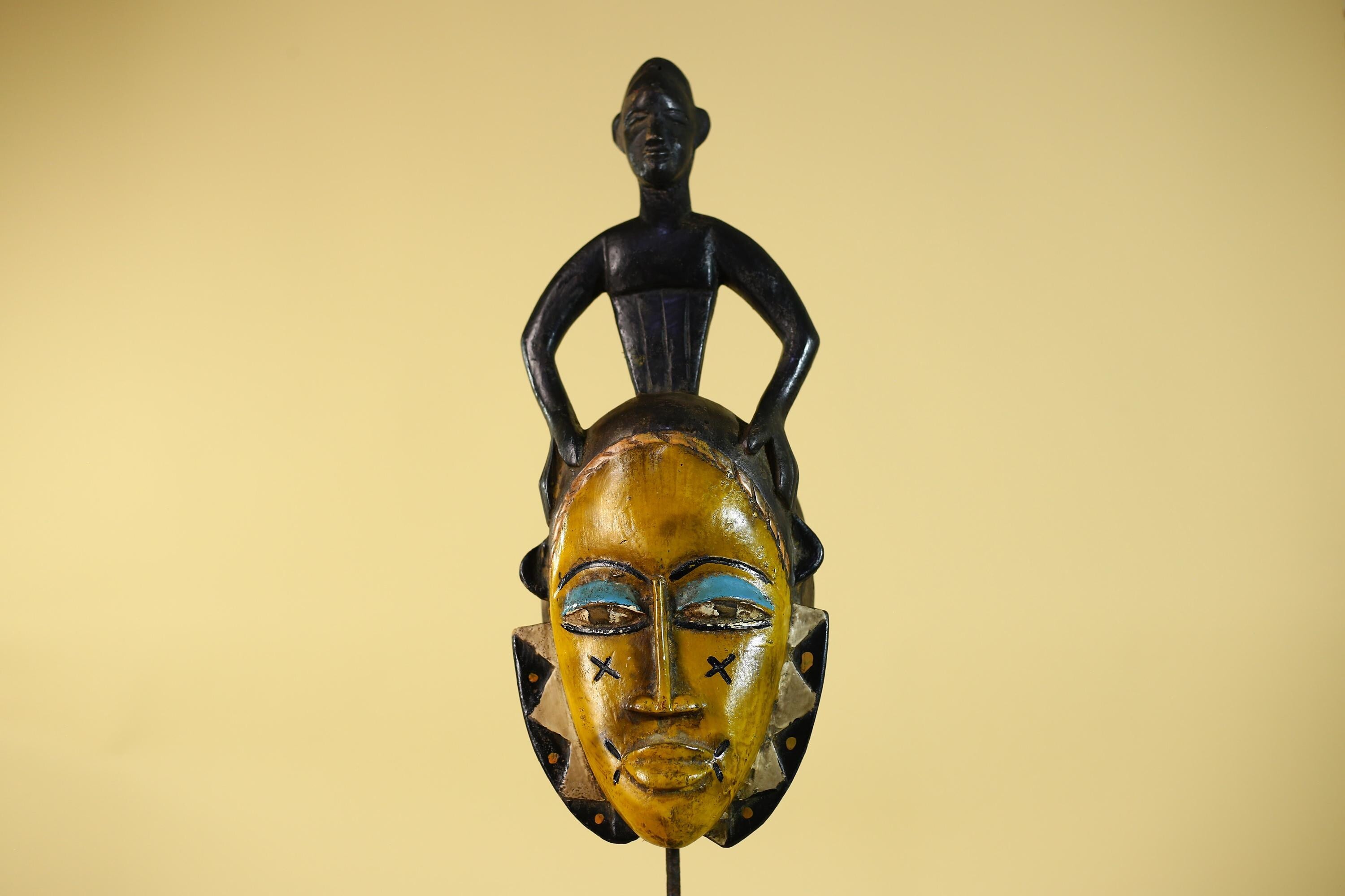 Handmade African Guro Mask with Standing Figure Hand Carved Wooden Tribal Art-G6129