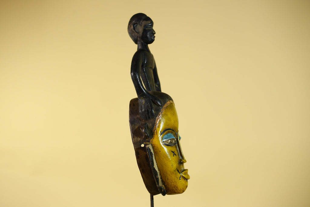 Handmade African Guro Mask with Standing Figure Hand Carved Wooden Tribal Art-G6129
