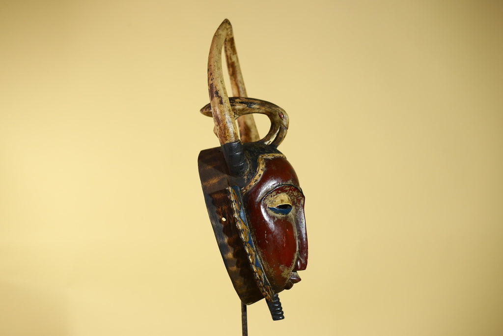 African Guro Horned Mask with Bird Crest Hand Carved Wall Art-G6130