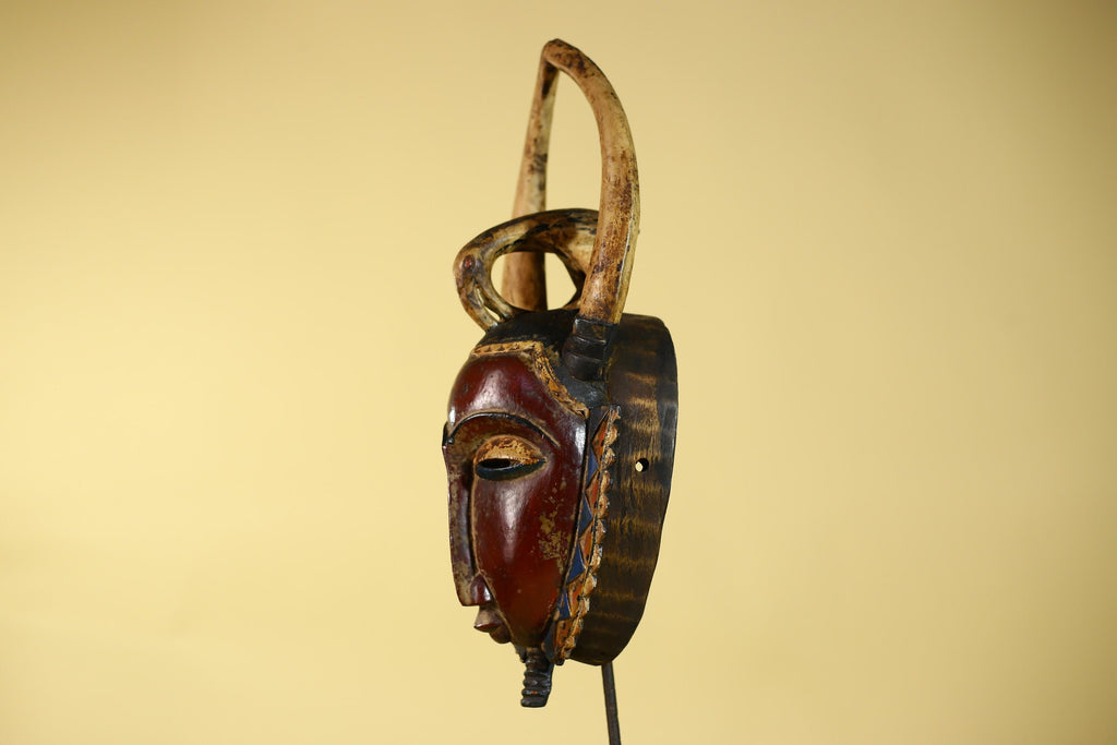 African Guro Horned Mask with Bird Crest Hand Carved Wall Art-G6130