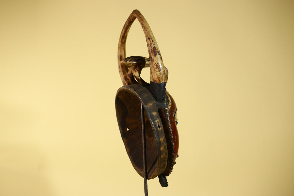 African Guro Horned Mask with Bird Crest Hand Carved Wall Art-G6130
