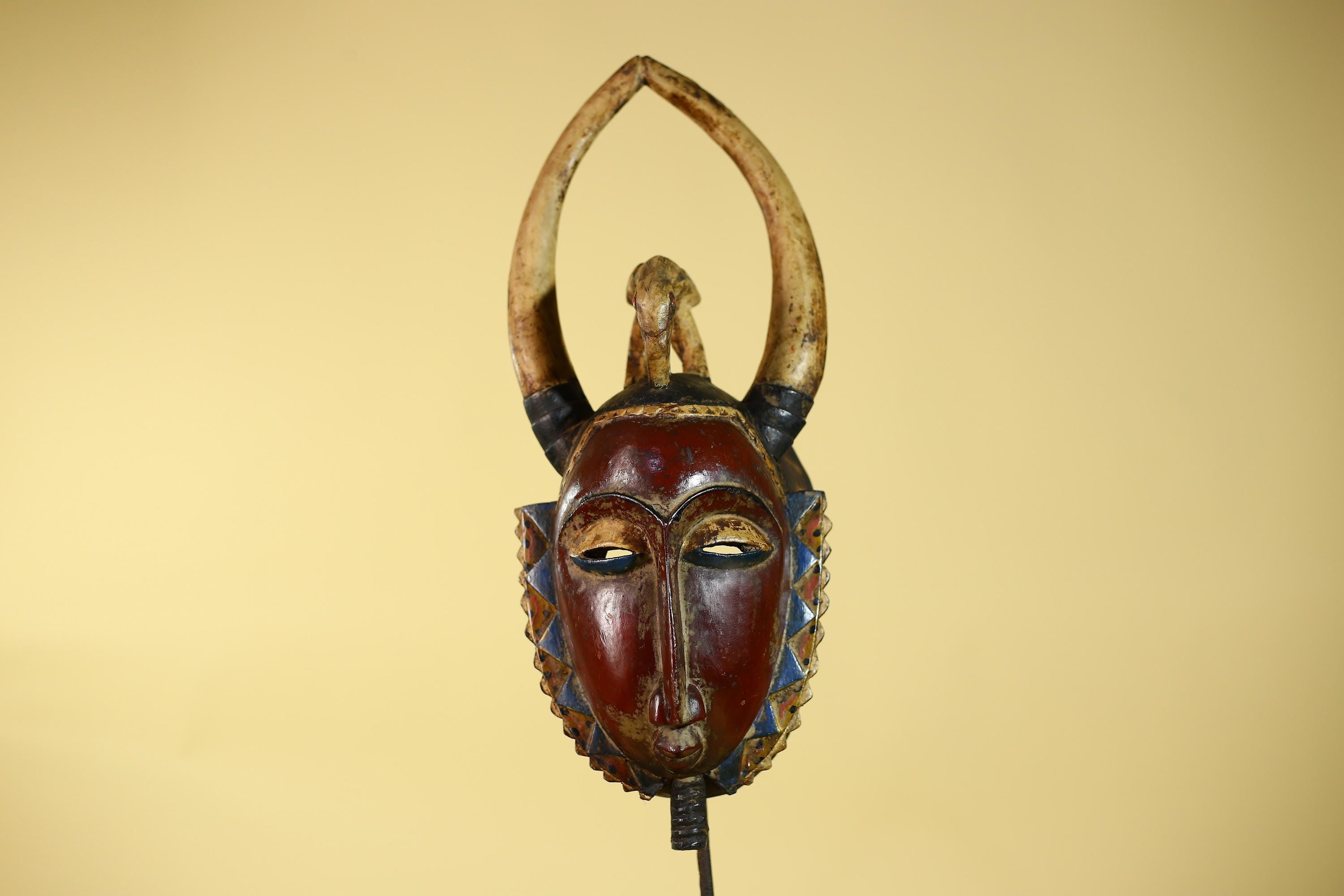 African Guro Horned Mask with Bird Crest Hand Carved Wall Art-G6130