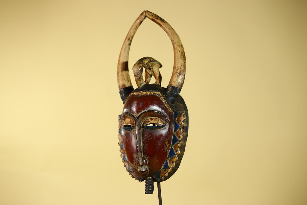 African Guro Horned Mask with Bird Crest Hand Carved Wall Art-G6130