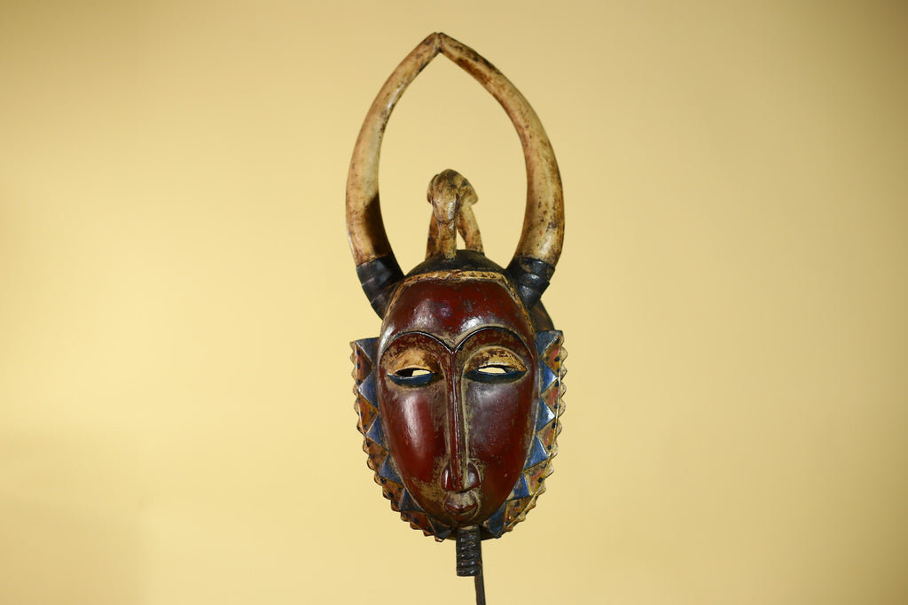 African Guro Horned Mask with Bird Crest Hand Carved Wall Art-G6130