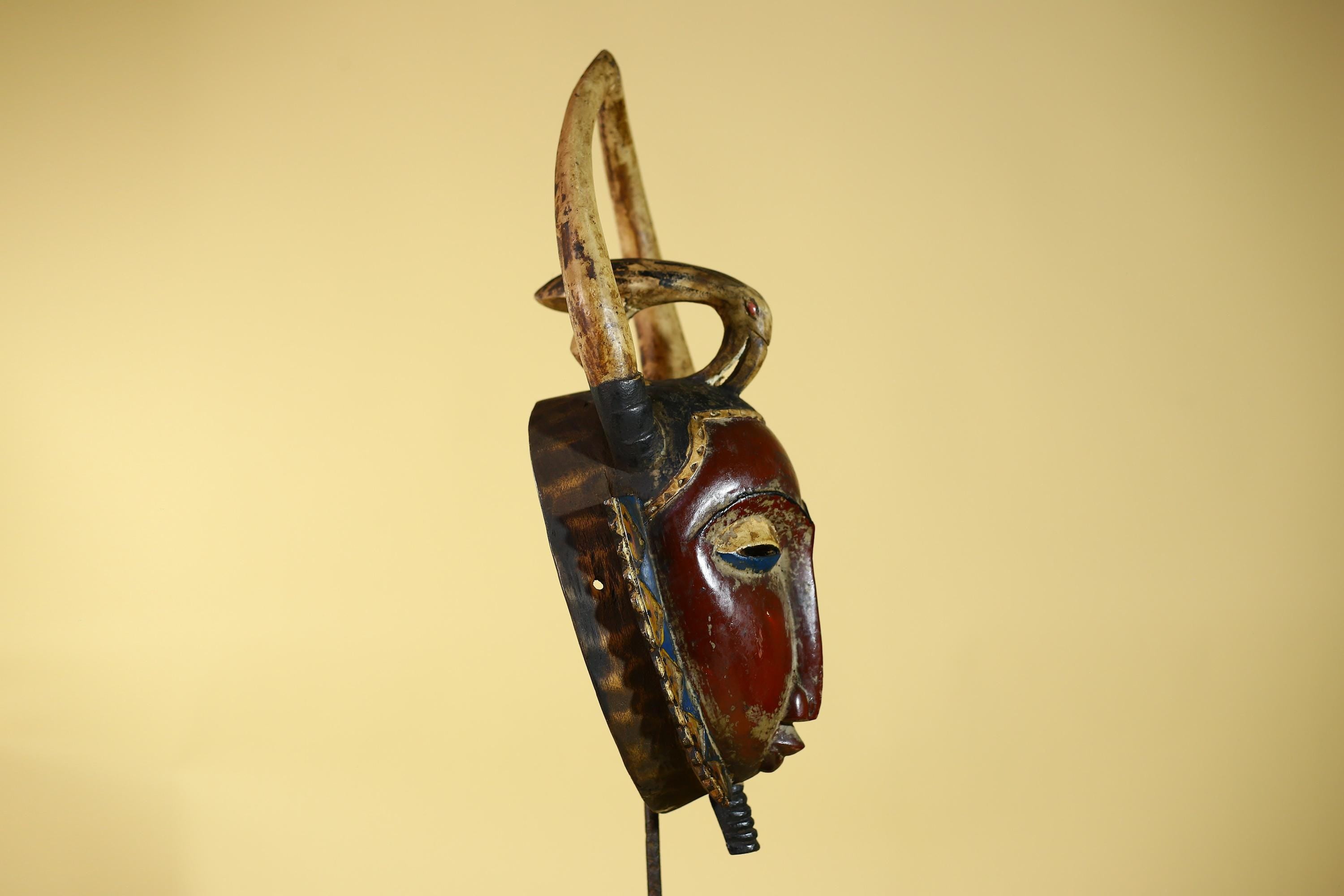 African Guro Horned Mask with Bird Crest Hand Carved Wall Art-G6130