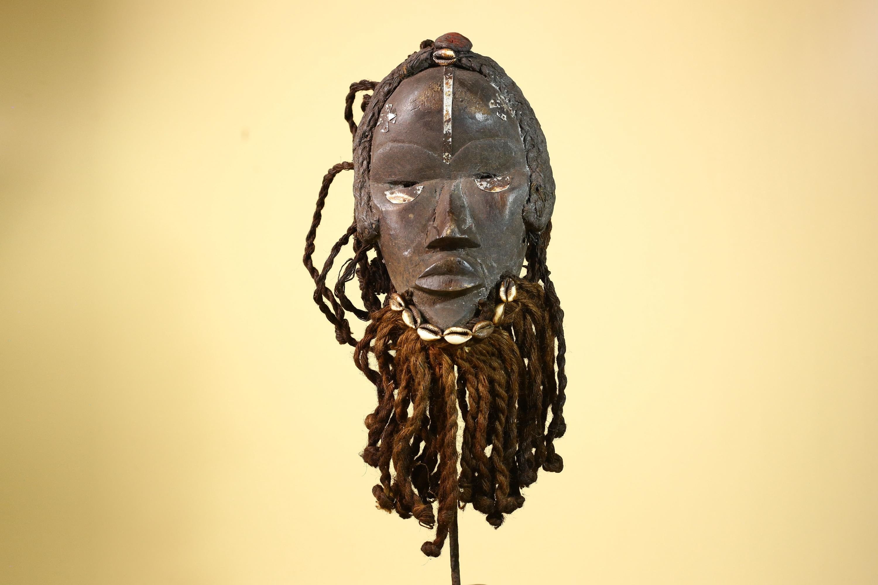 Antique Dan Mask with Braided Beard Cowrie Detail African Ritual Art-G6012