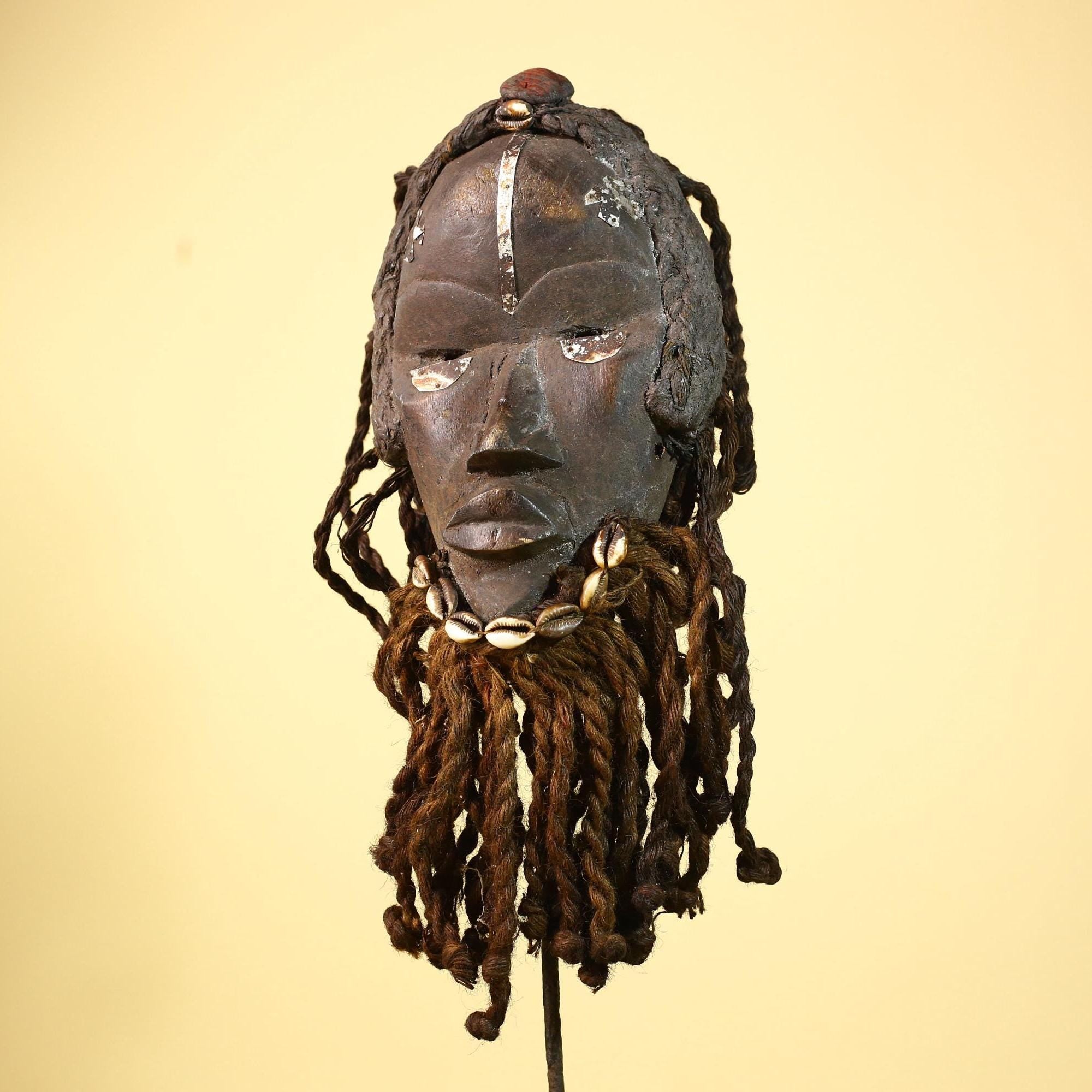 Antique Dan Mask with Braided Beard Cowrie Detail African Ritual Art-G6012