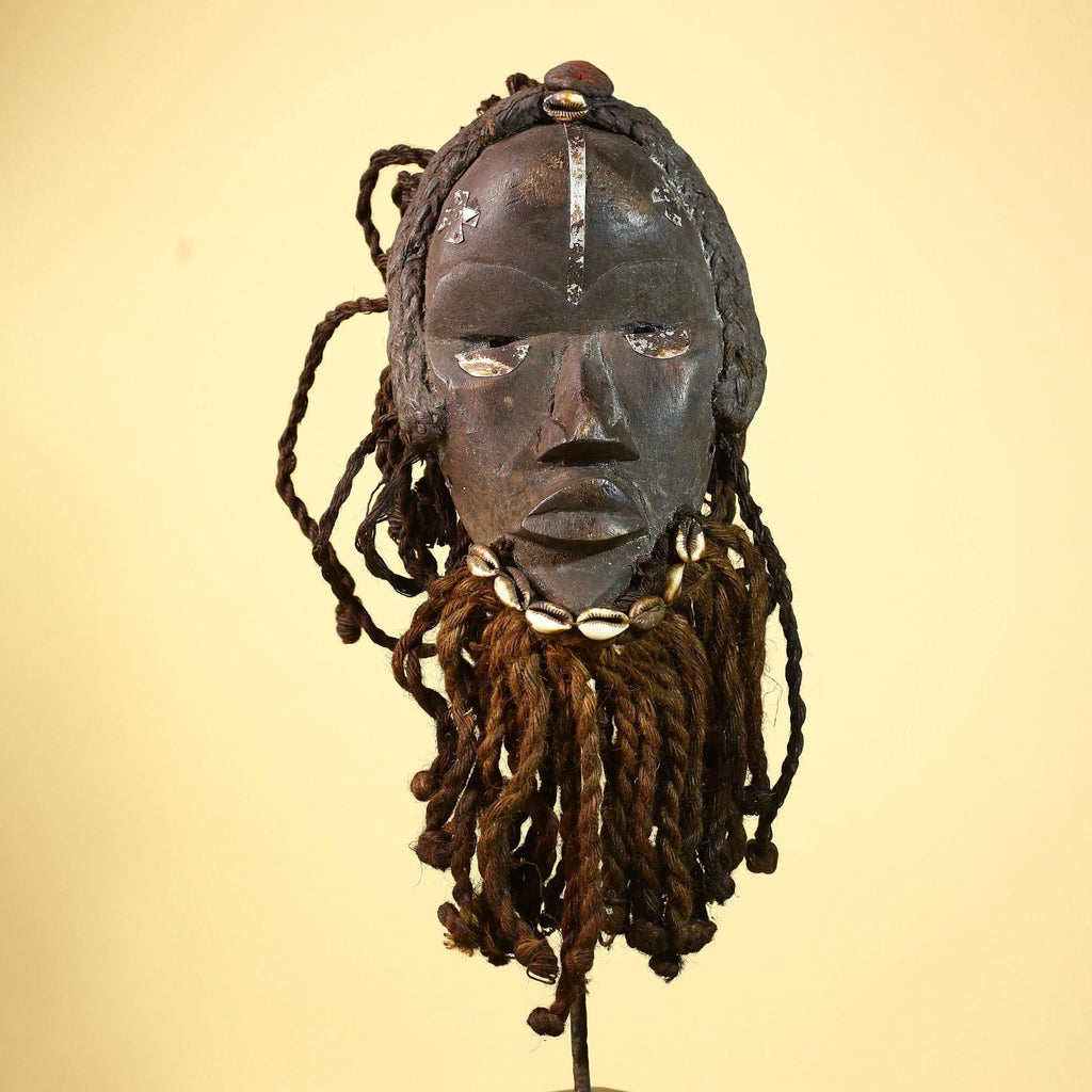 Antique Dan Mask with Braided Beard Cowrie Detail African Ritual Art-G6012
