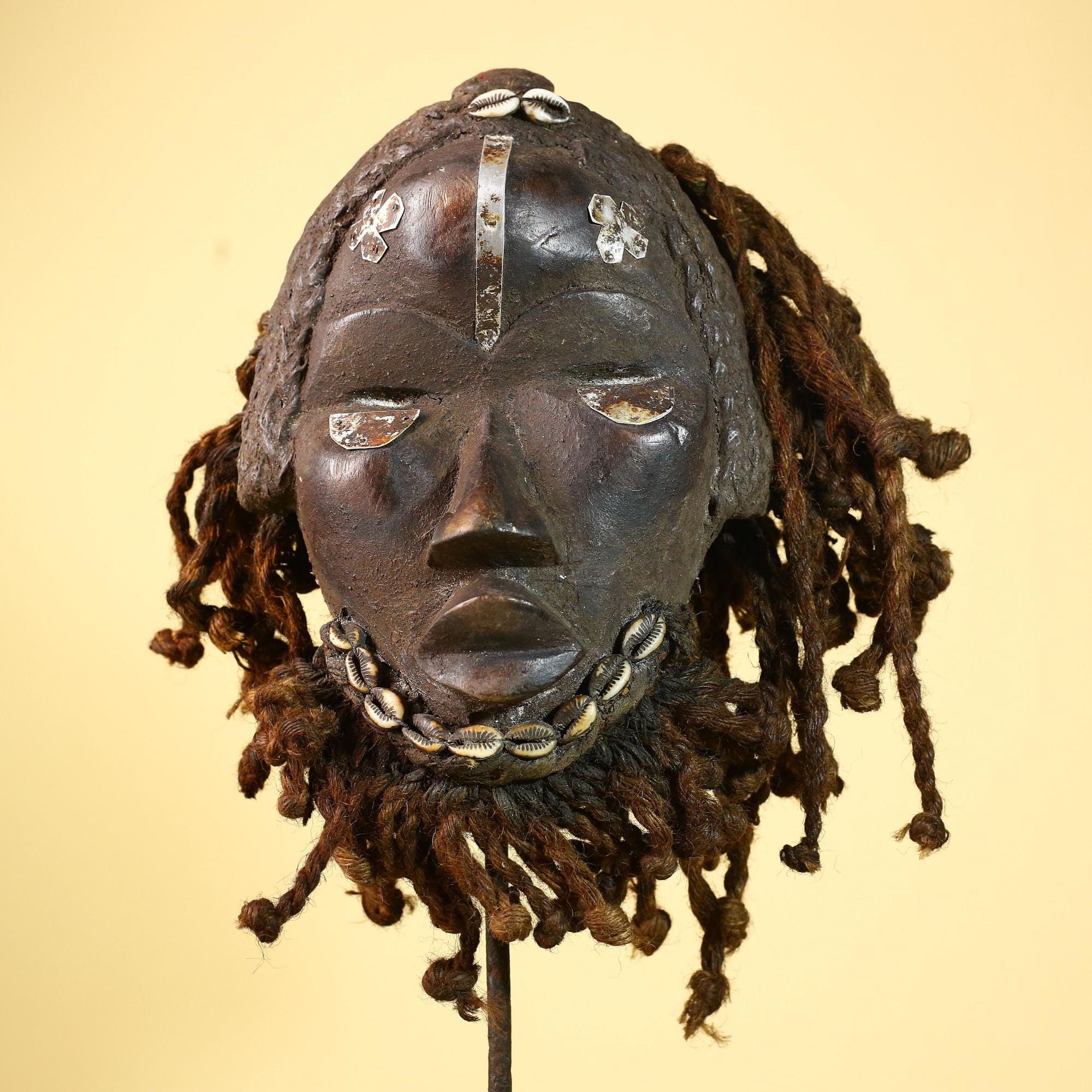 Antique Dan Mask Côte d'Ivoire African Tribal Art Cowrie Braids Metal Art-G6013
