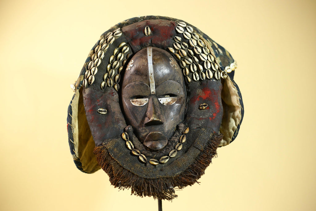 African Antique Dan Mask Côte d'Ivoire Cowrie Headpiece Wood Carved Tribal-G6014