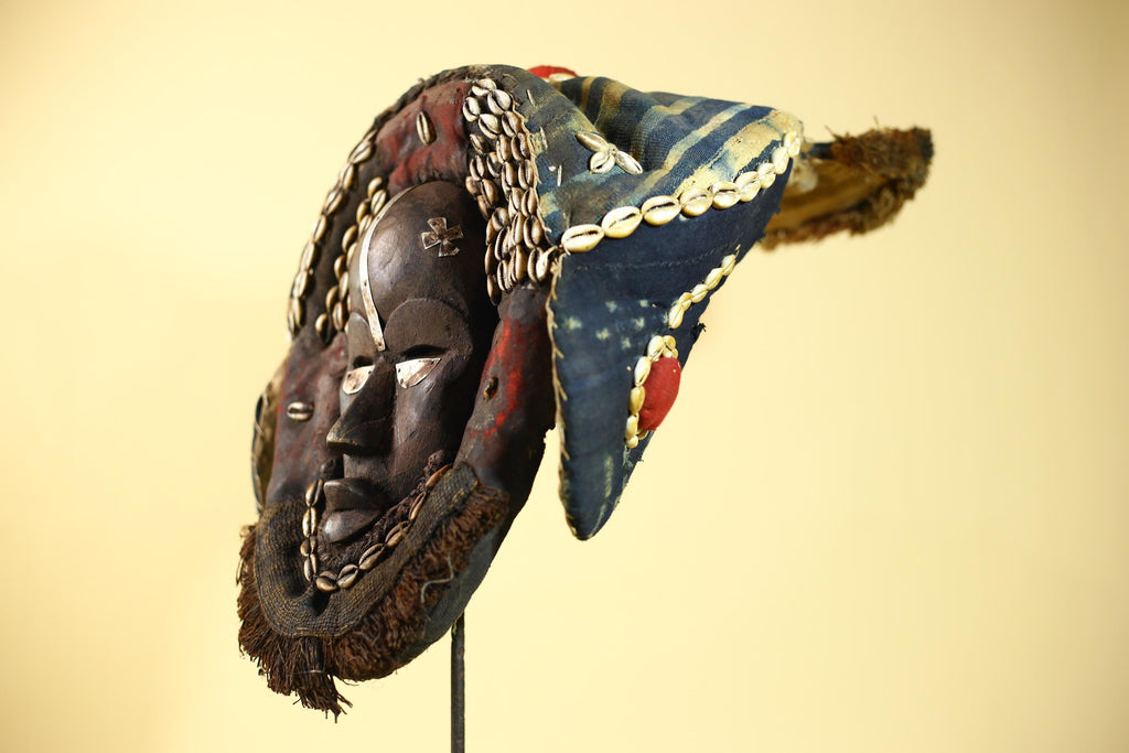 African Antique Dan Mask Côte d'Ivoire Cowrie Headpiece Wood Carved Tribal-G6014