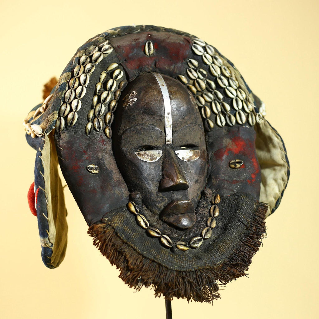 African Antique Dan Mask Côte d'Ivoire Cowrie Headpiece Wood Carved Tribal-G6014